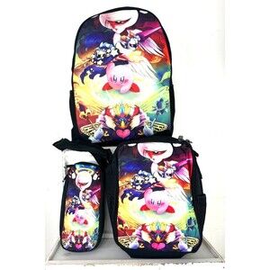 Kirby Cartoon Game Student School Backpack 3pc Set Insulated Lunch Bag Pen Bag